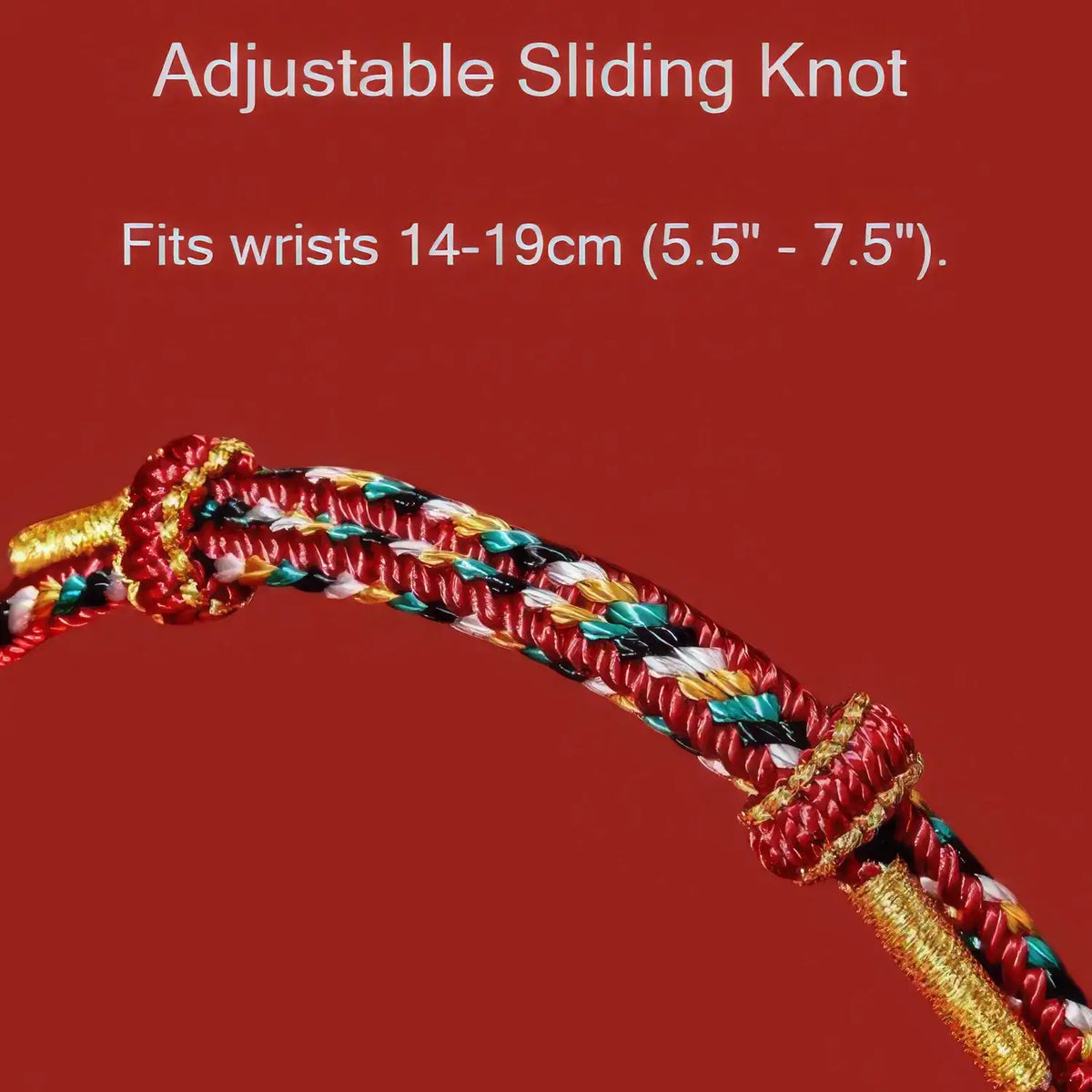 Adjustable sliding knot with colorful braided design on a red background