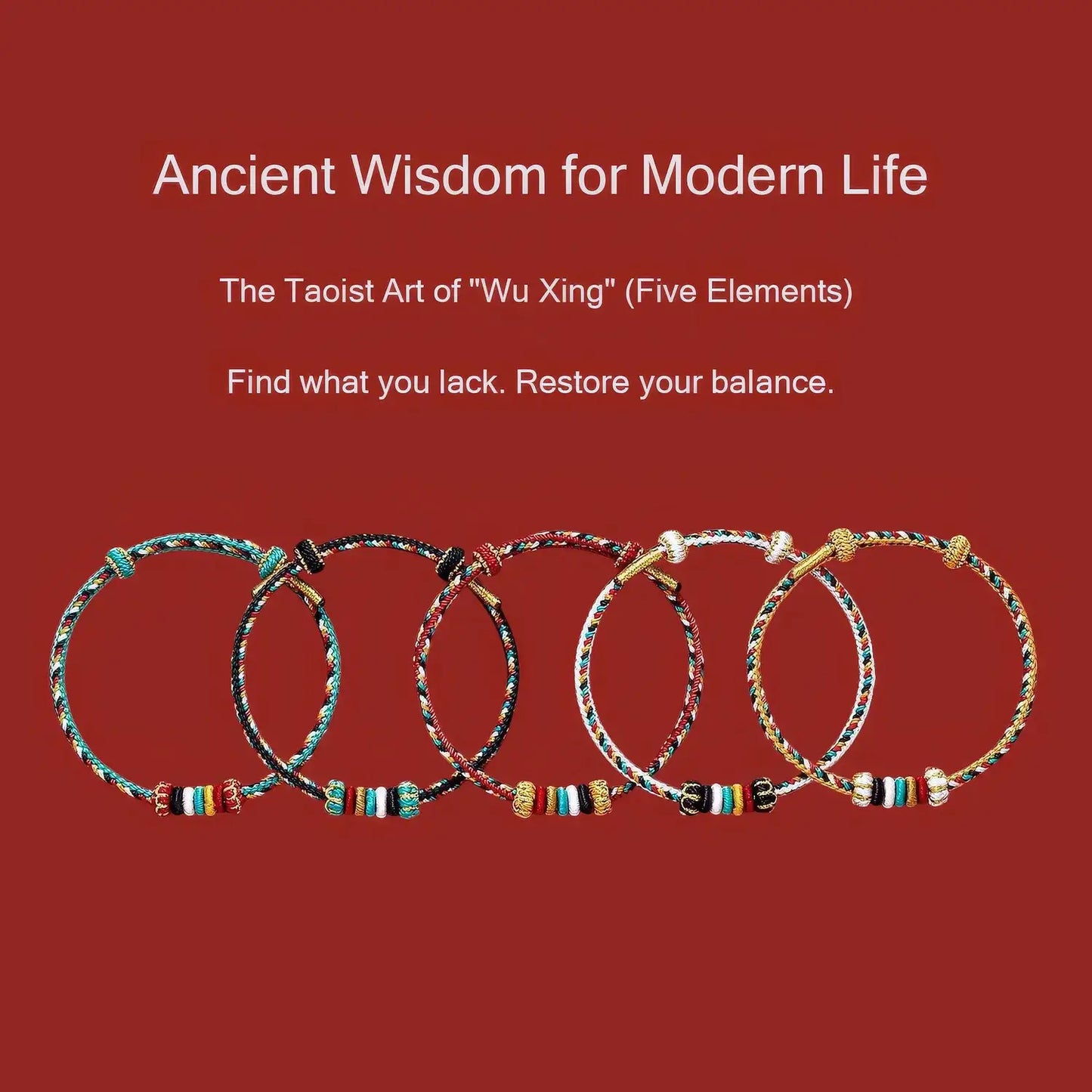 Colorful beaded bracelets on a red background with text about Wu Xing and balance.