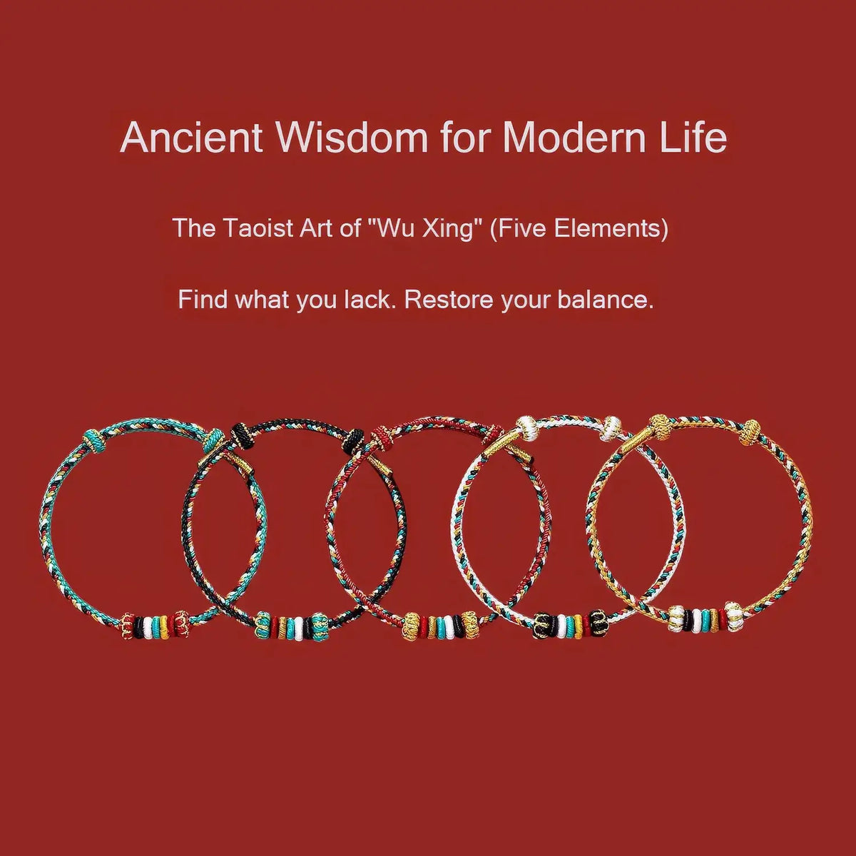 Colorful beaded bracelets on a red background with text about Wu Xing and balance.