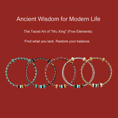 Colorful beaded bracelets on a red background with text about Wu Xing and balance.
