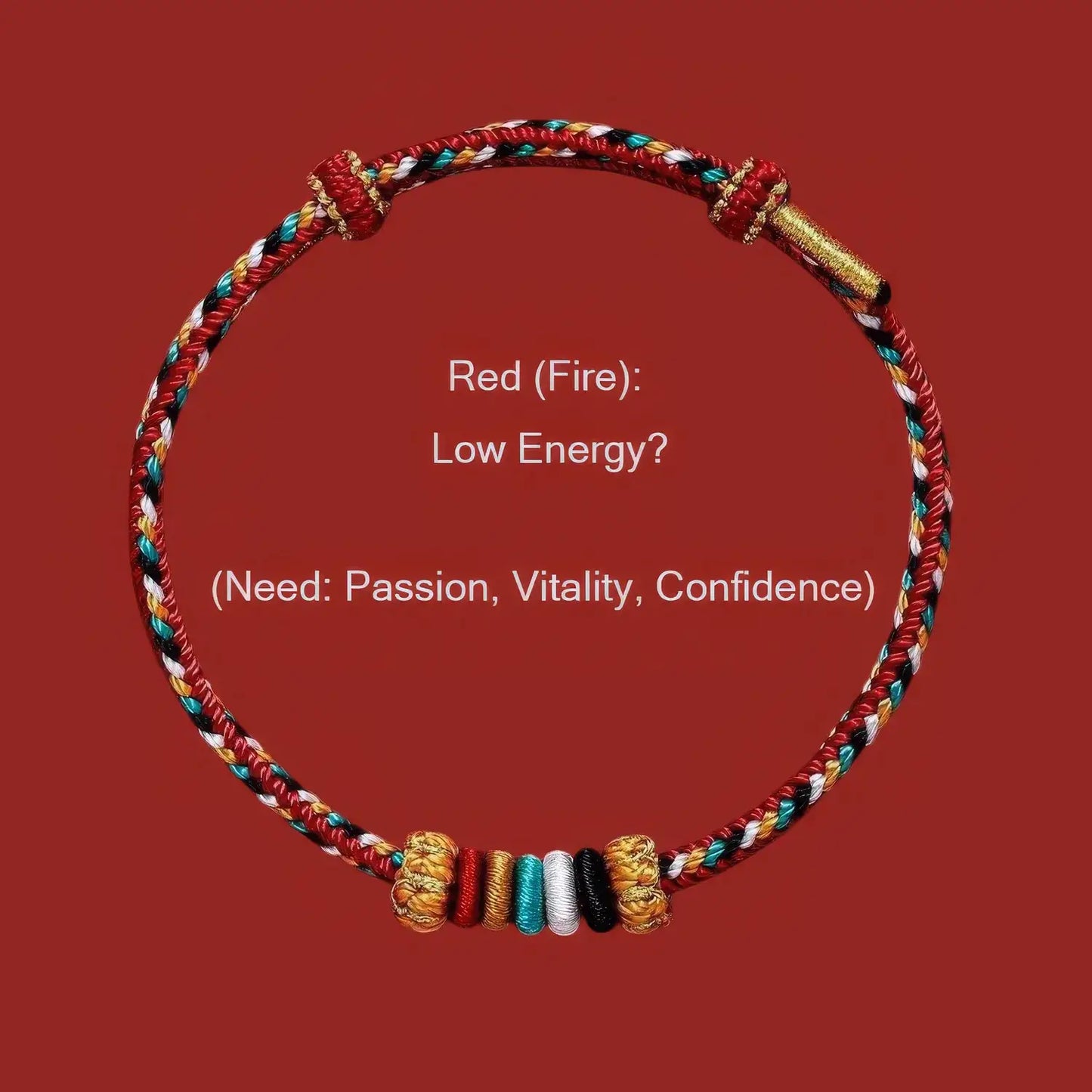 Colorful braided bracelet with text on a red background