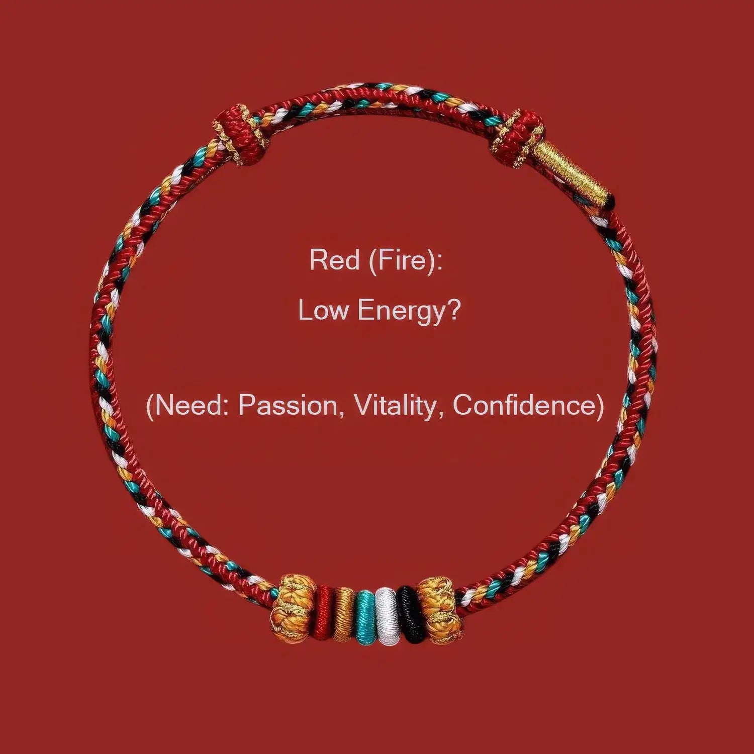 Colorful braided bracelet with text on a red background