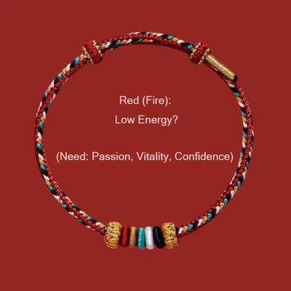 Colorful braided bracelet with text on a red background