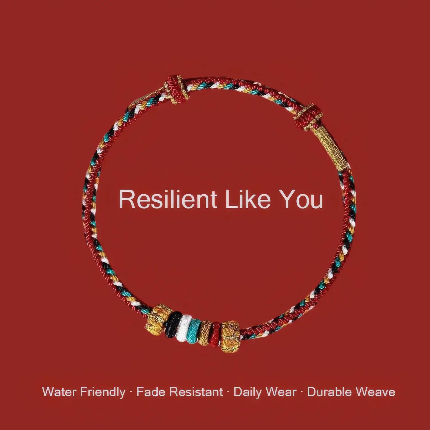 Colorful braided bracelet with beads on a red background, featuring text 'Resilient Like You'.