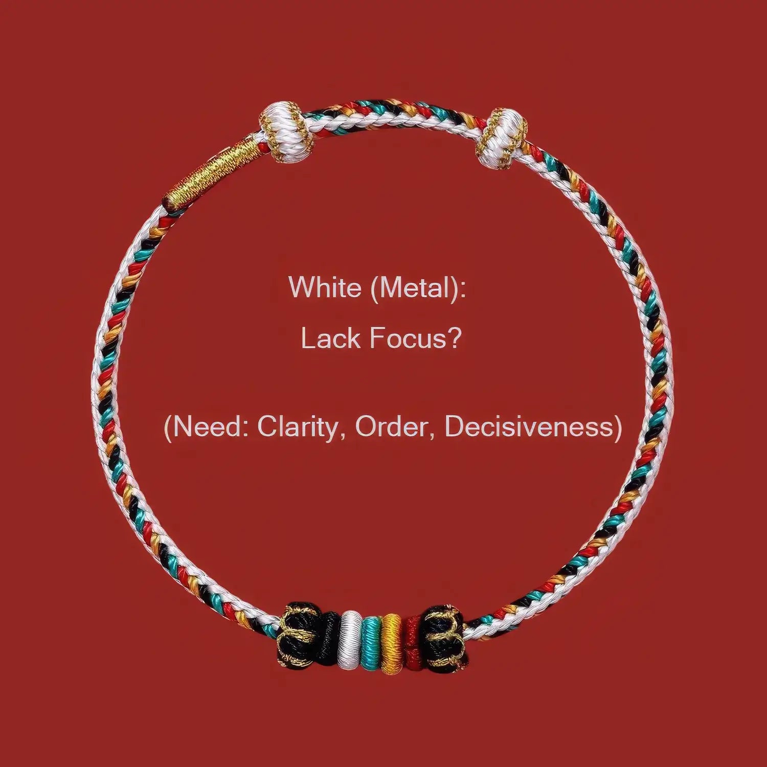 Colorful braided bracelet on a red background with text about white metal and its qualities.