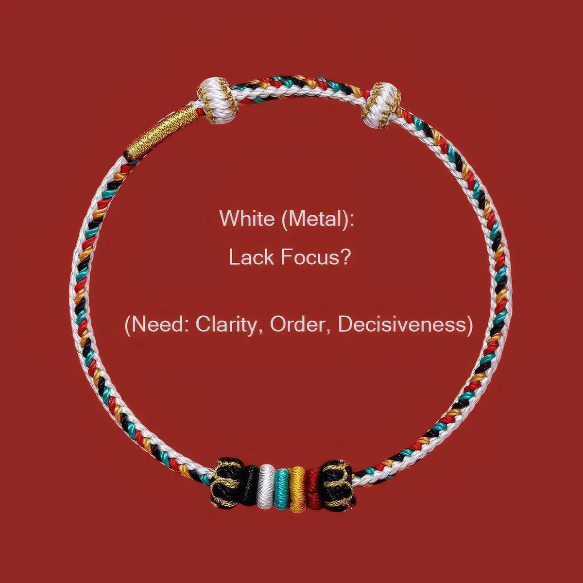 Colorful braided bracelet on a red background with text about white metal and its qualities.