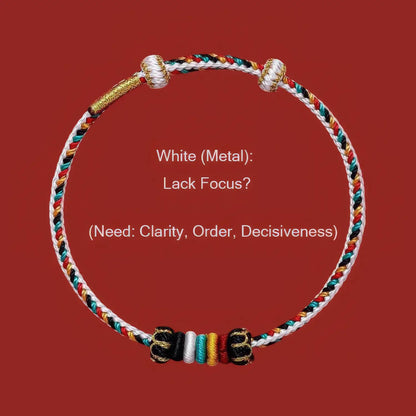 Colorful braided bracelet on a red background with text about white metal and its qualities.