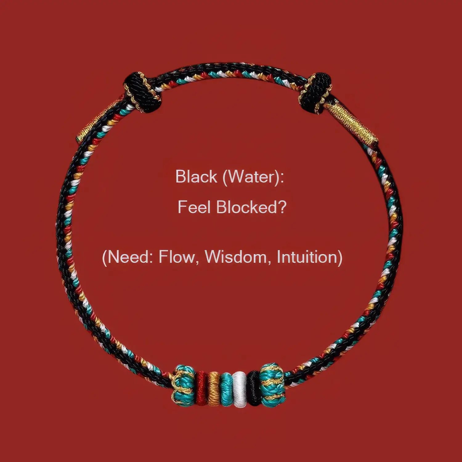 Colorful braided bracelet on a red background with text about black water and its associated needs.