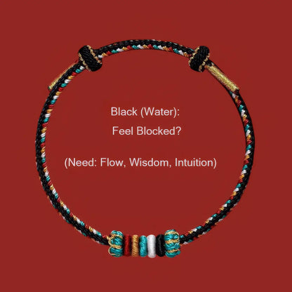 Colorful braided bracelet on a red background with text about black water and its associated needs.