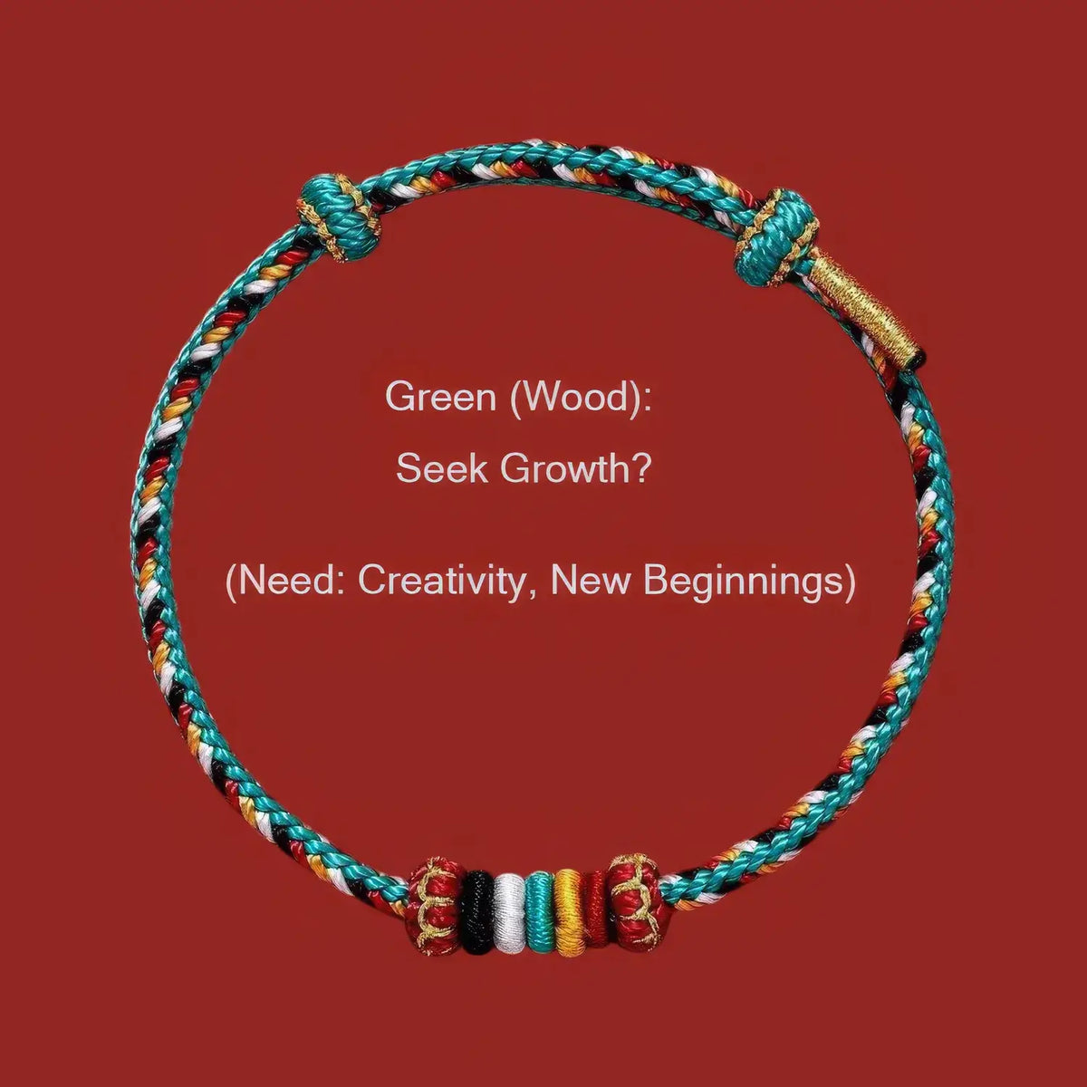 Colorful braided bracelet on a red background with text about its symbolism.