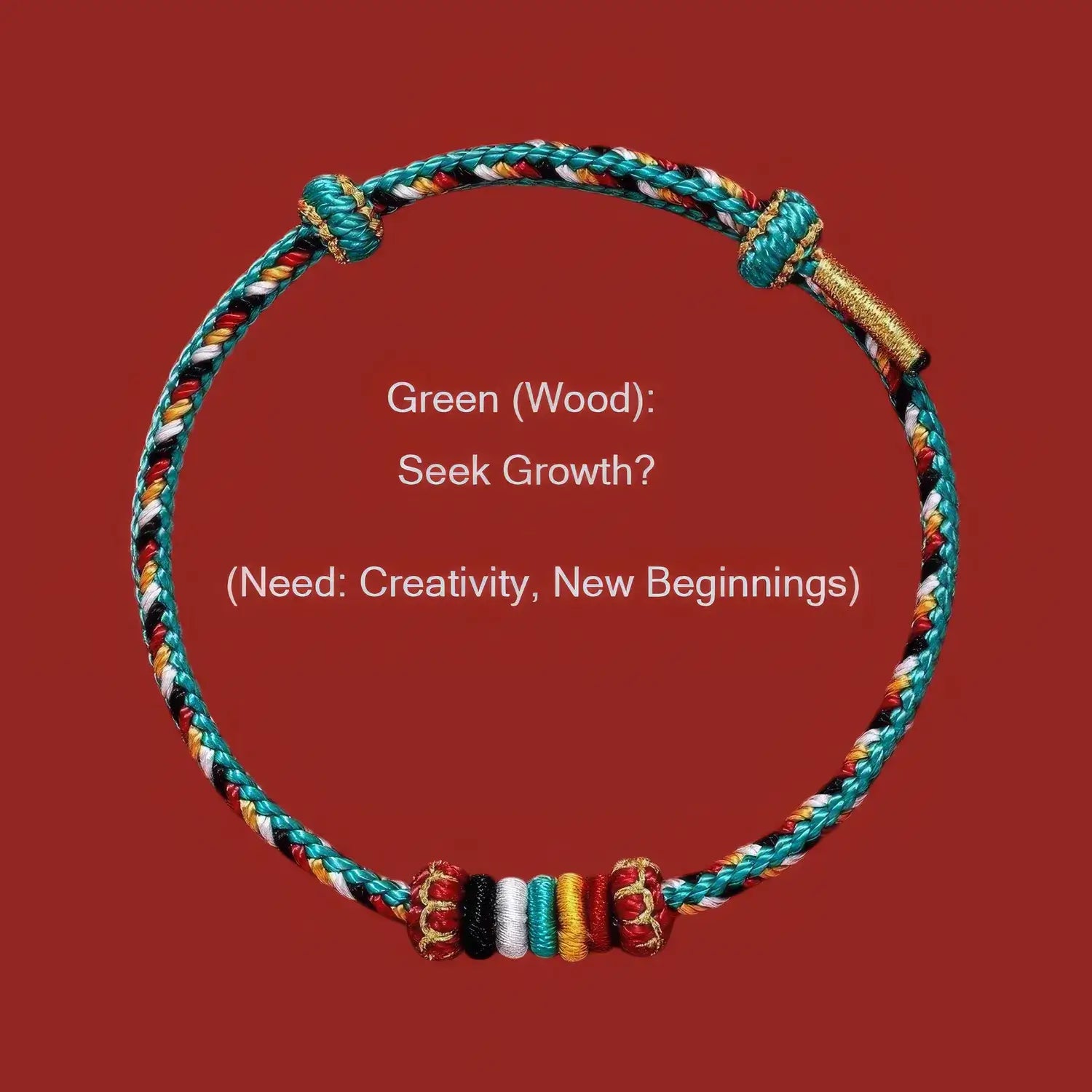 Colorful braided bracelet on a red background with text about its symbolism.