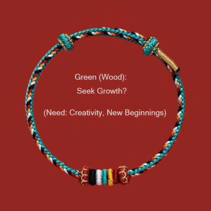 Colorful braided bracelet on a red background with text about its symbolism.