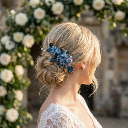 Woman with styled hair featuring floral accessories in front of a floral backdrop