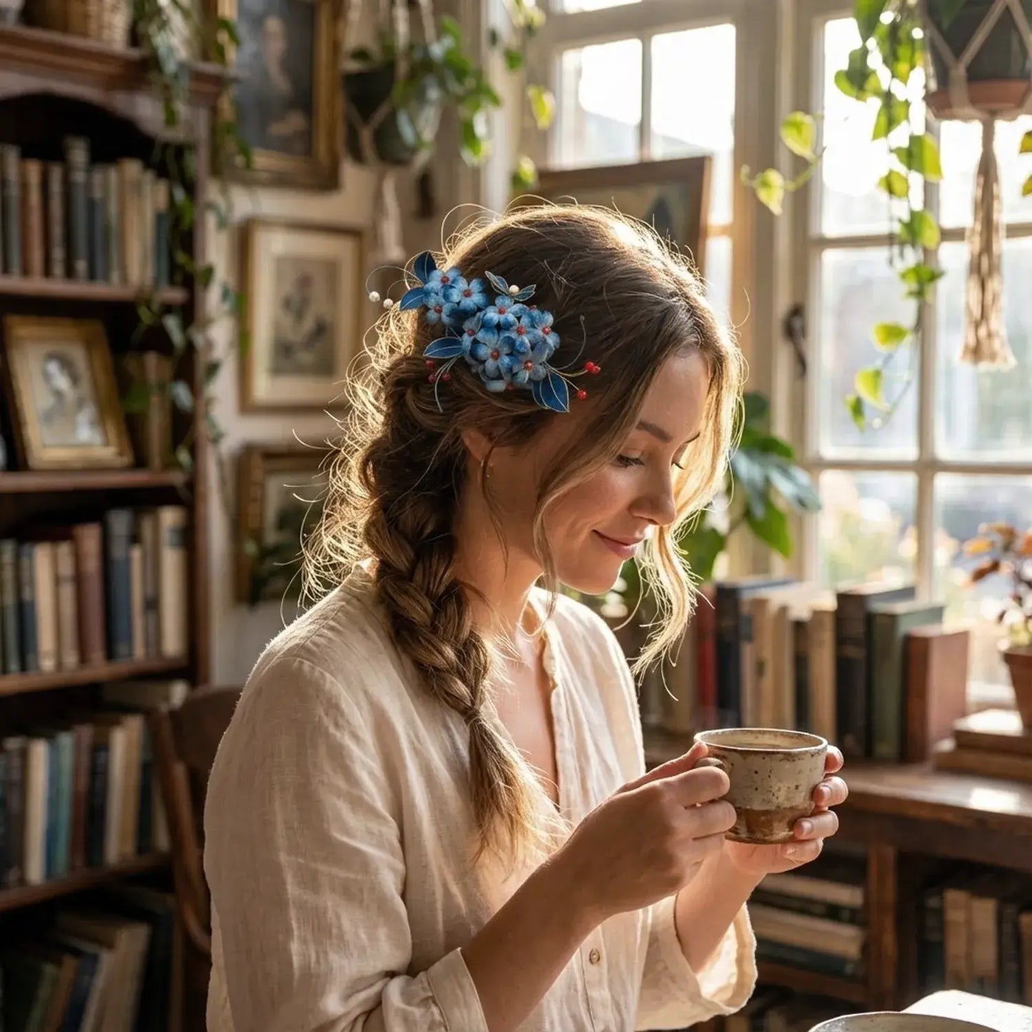 Woman holding a cup in a cozy room with bookshelves and plants