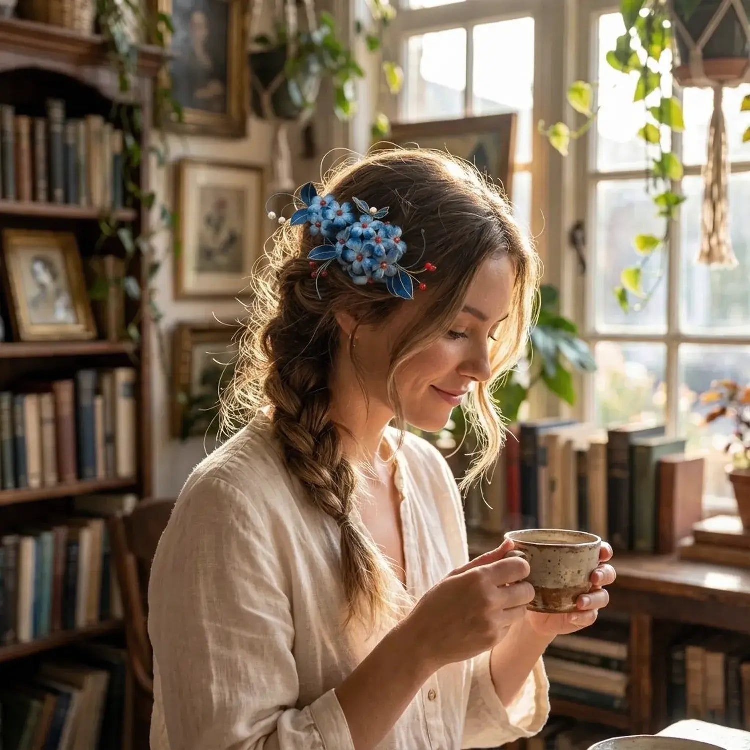 Woman holding a cup in a cozy room with bookshelves and plants