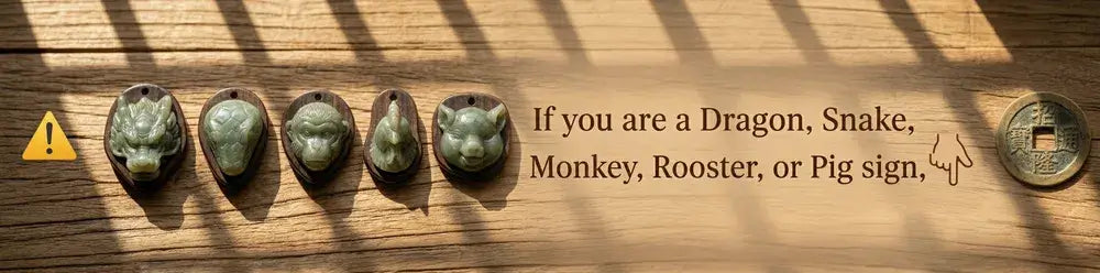 Small bronze statues of Chinese zodiac animals on a wooden surface with text.