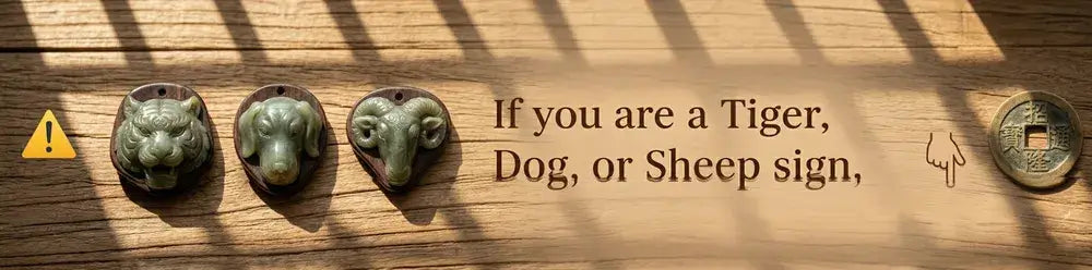 Three small statues of animals on a wooden surface with text and a coin.