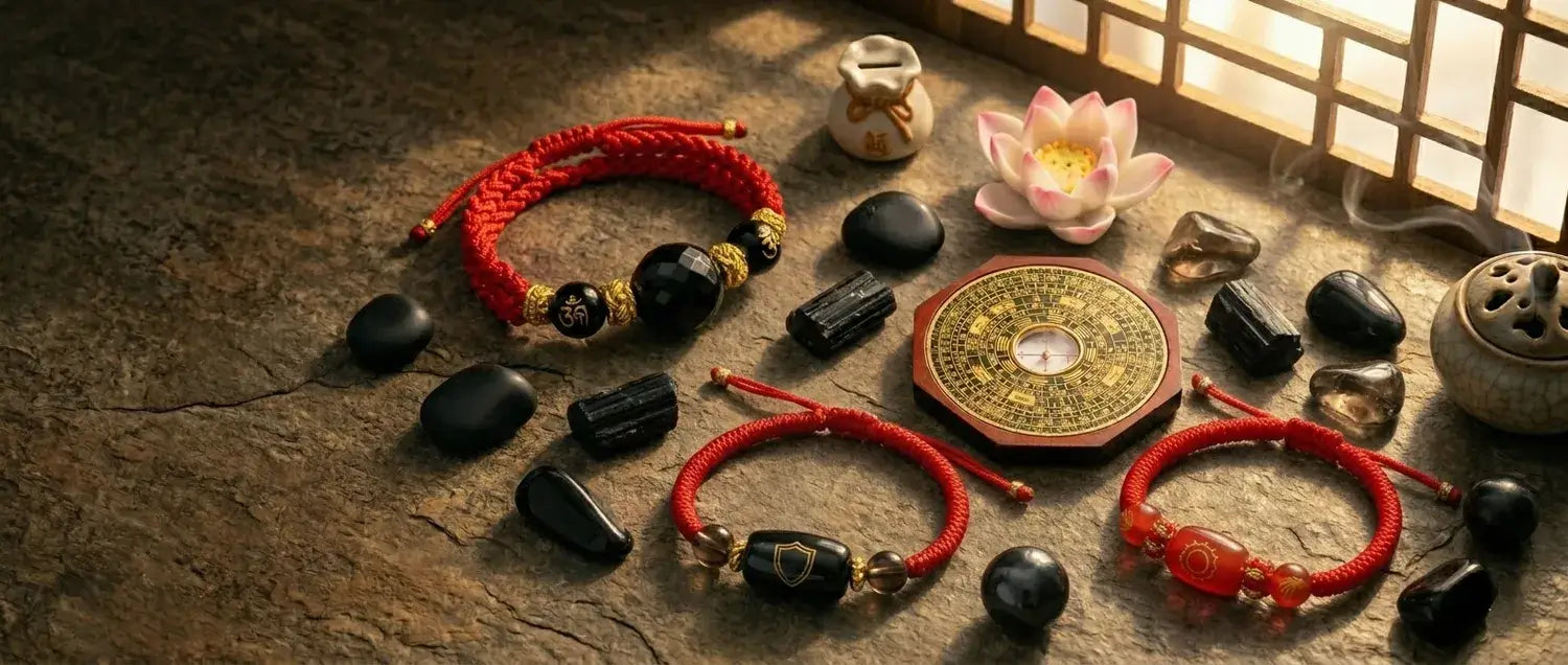 Red bracelets with black stones on a textured surface with a soft light background