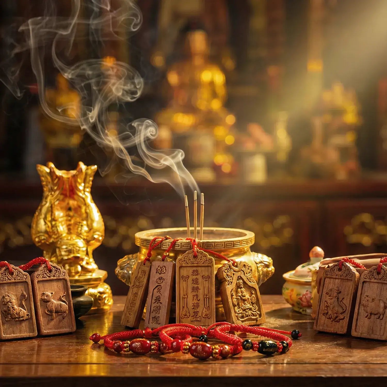 Incense burning with religious figurines and offerings on a wooden table.