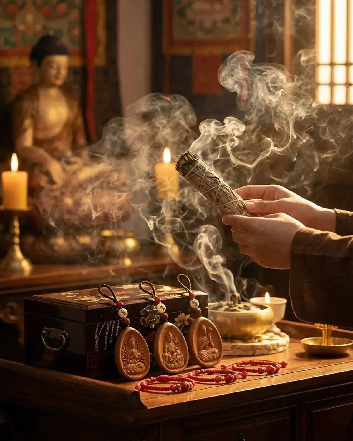 Person holding a incense stick with smoke in a traditional setting with candles and religious items.