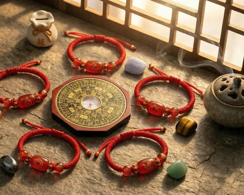 Red beaded bracelets on a textured surface with a decorative plate and small pots.