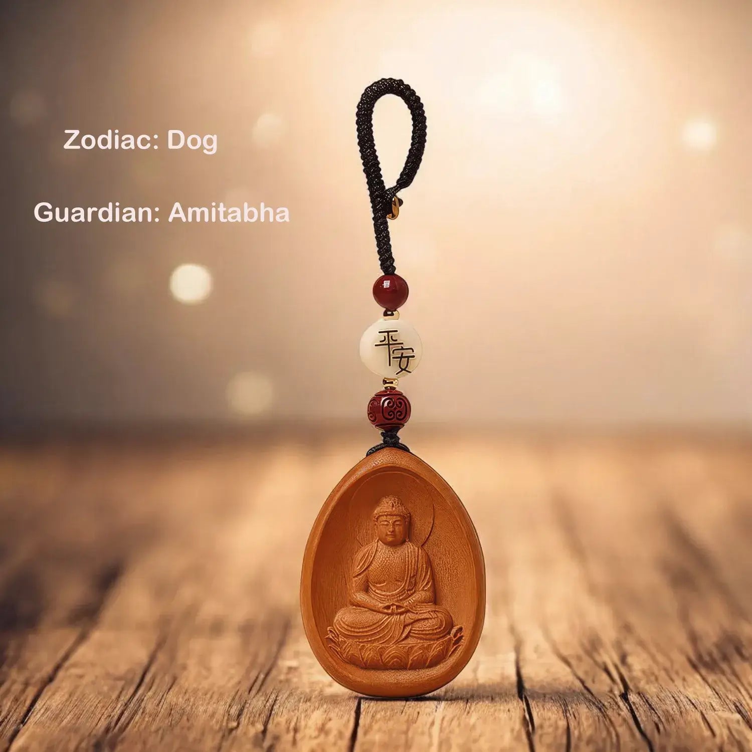 Wooden pendant with Buddha figure on a wooden surface, featuring text about zodiac and guardian.