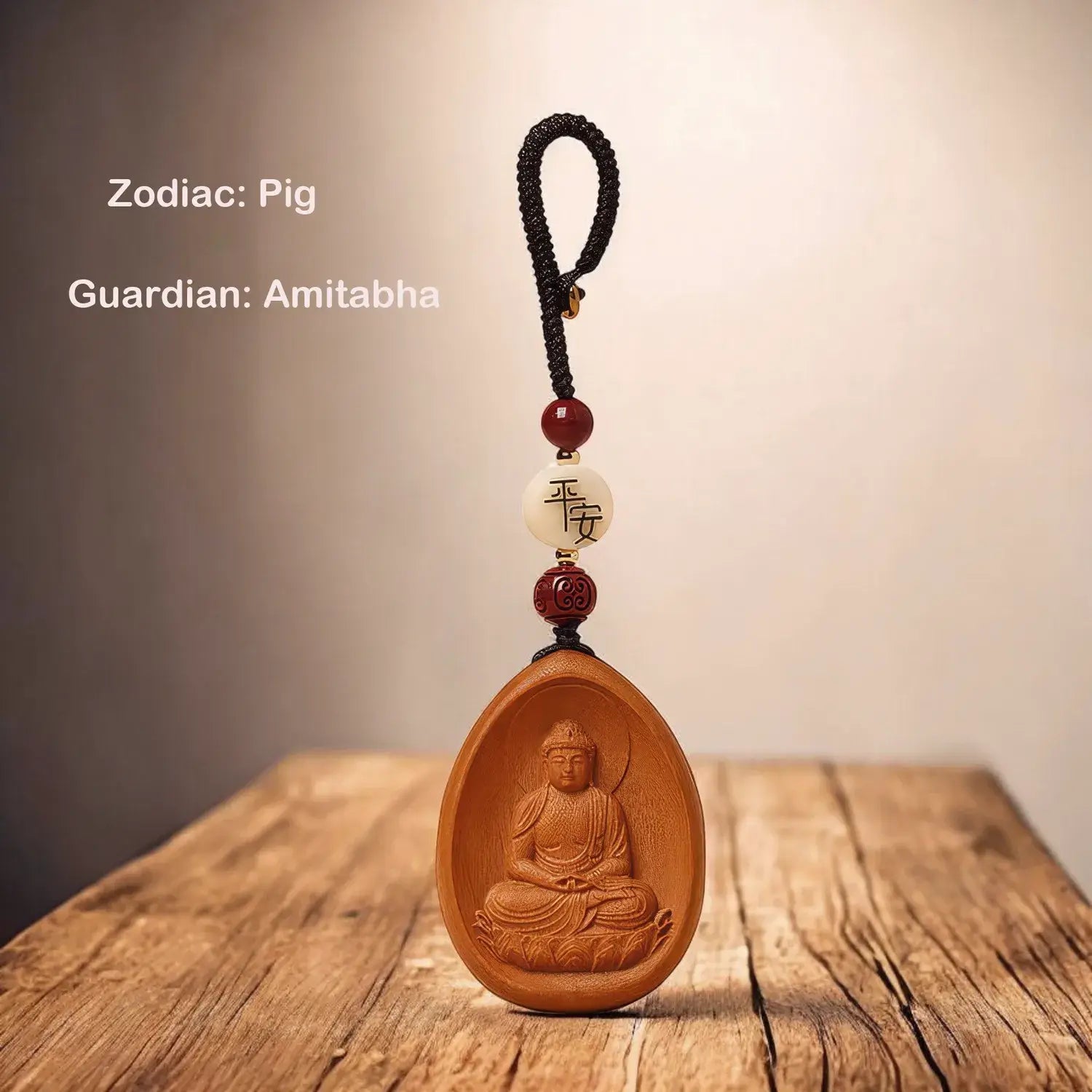 Wooden pendant with Buddha figure on a wooden surface, featuring text about zodiac and guardian.