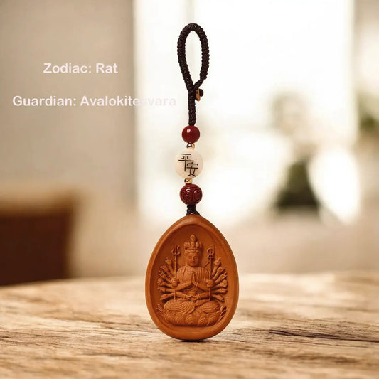 Wooden pendant with intricate design on a wooden surface