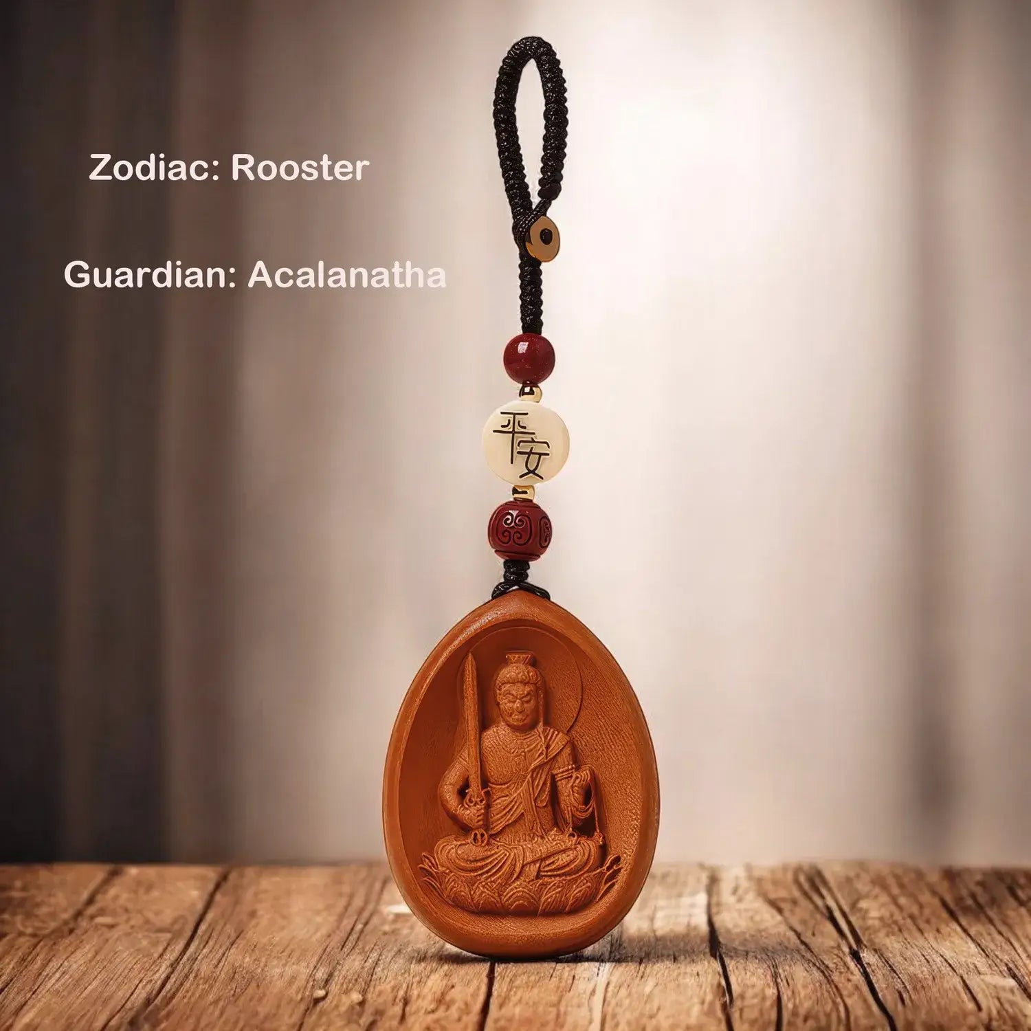 Wooden pendant with Buddha figure on a wooden surface, featuring text about zodiac and guardian.