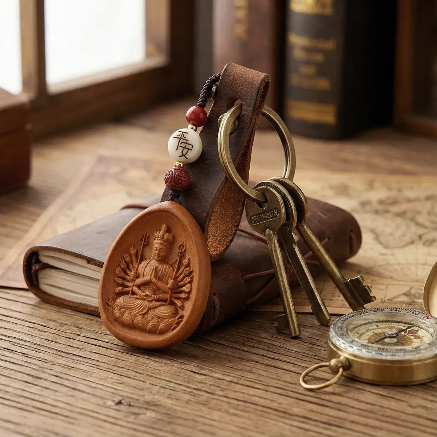 Keychain with religious figure design on a wooden surface with books in the background