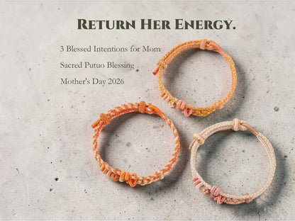 Three woven bracelets on a textured surface with promotional text about 'Return Her Energy' for Mother's Day 2026.