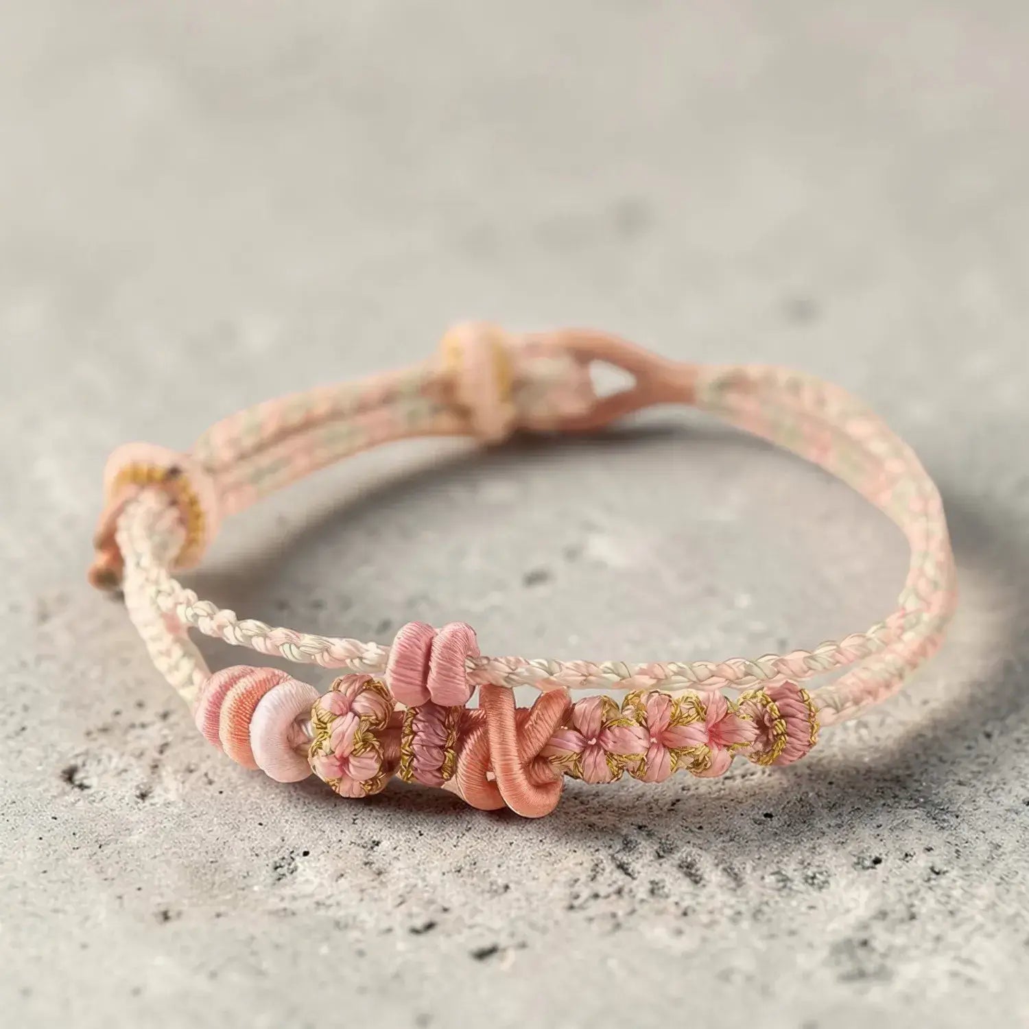 Pink and gold braided bracelet on a textured surface