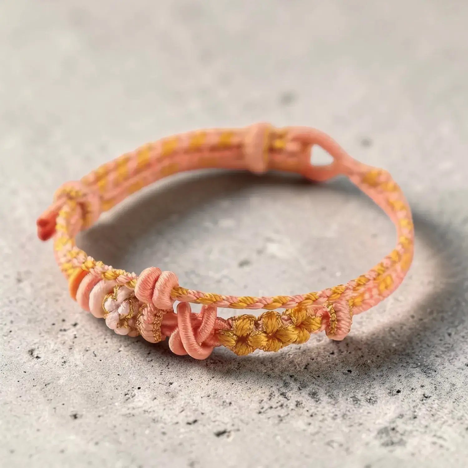Pink and yellow braided bracelet on a textured surface