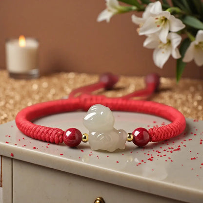 Red bracelet with a white jade charm on a decorative surface with flowers and a candle in the background.