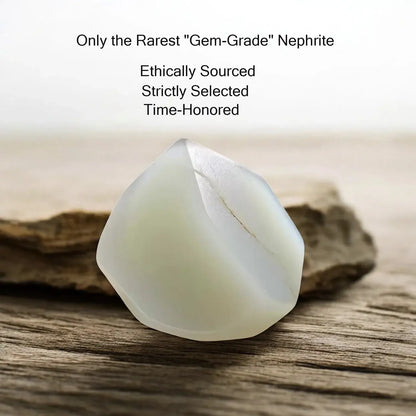Gem-grade nephrite stone on a wooden surface with text about its rarity, ethical sourcing, and selection.