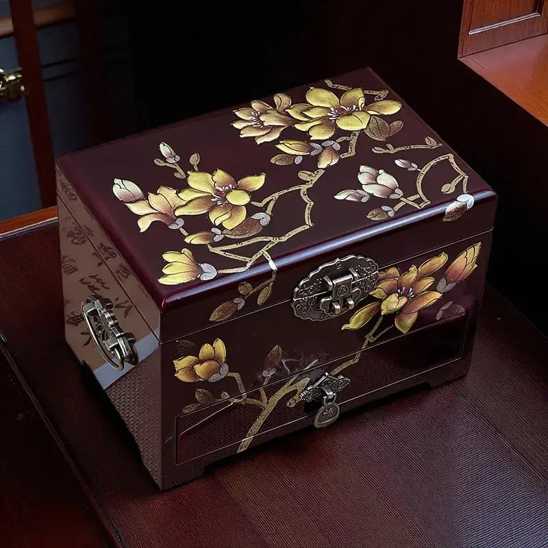 Decorative wooden box with floral patterns on a dark surface
