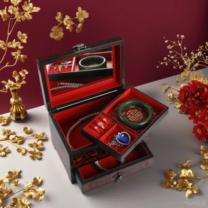 Jewelry box with decorative items on a table with floral decorations