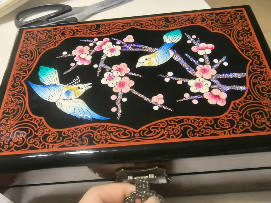 Decorative box with floral and bird design, held open by a hand.