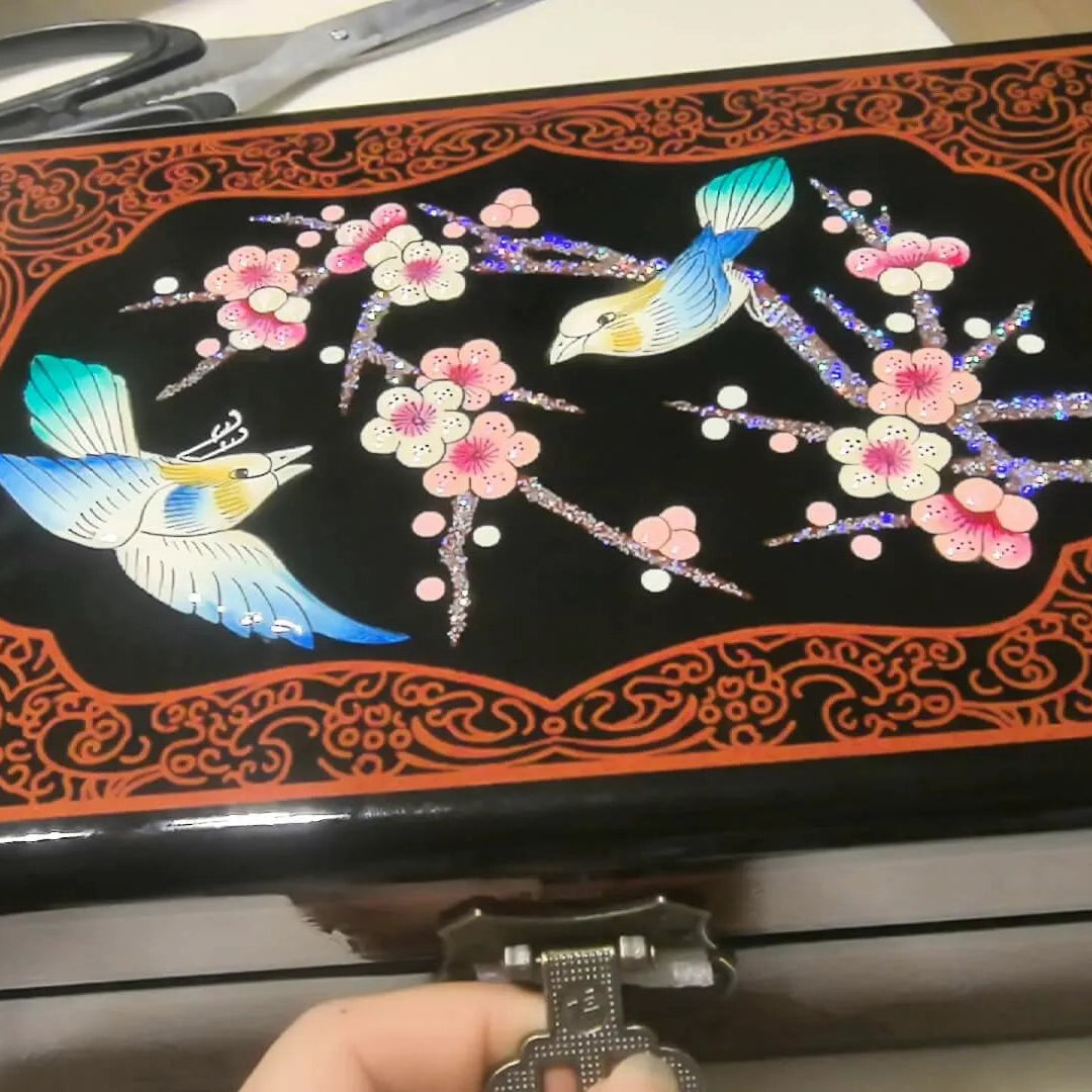 Decorative box with floral and bird design, held open by a hand.