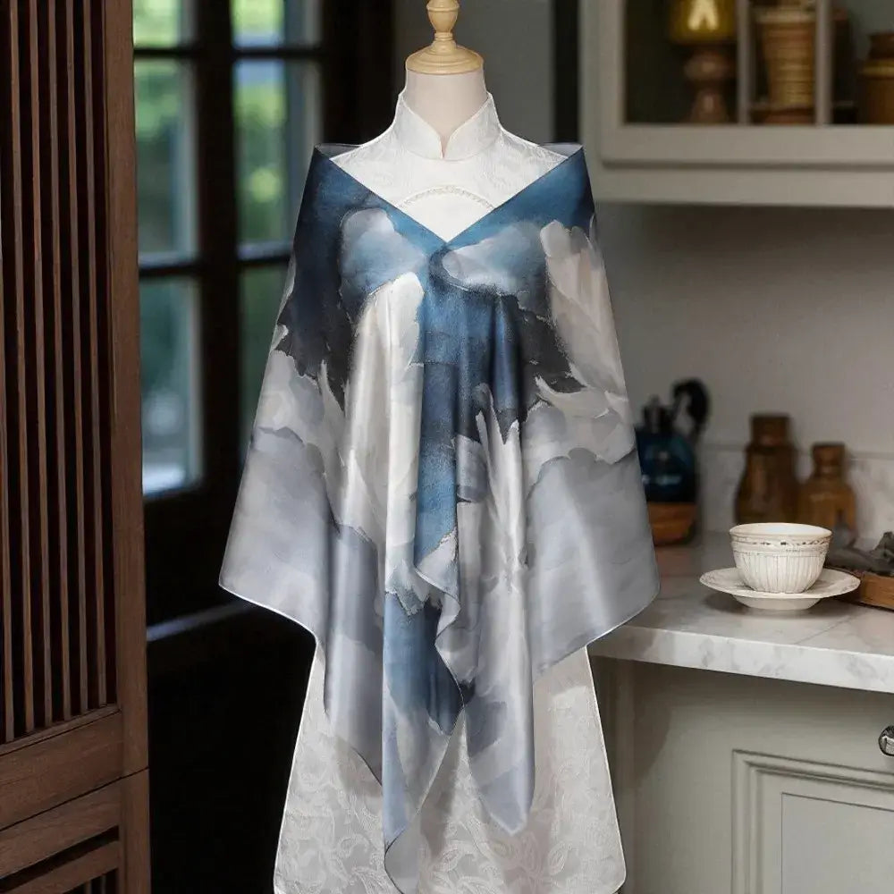 Mannequin wearing a blue and white floral scarf in a kitchen setting
