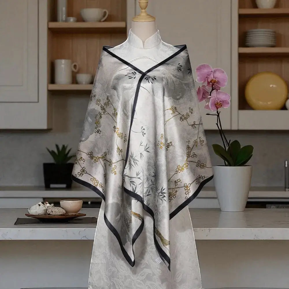 Mannequin wearing a floral embroidered scarf in a kitchen setting