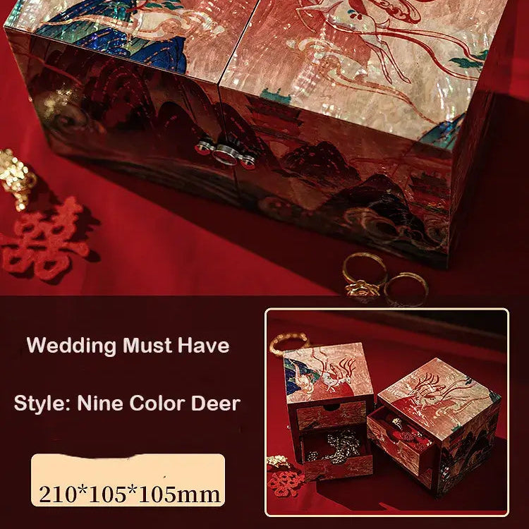 Decorative box with deer design on a red background, featuring text about wedding accessories.