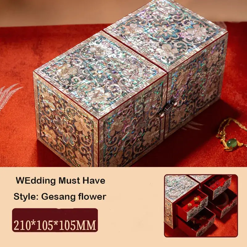 Decorative jewelry box with intricate patterns on a red background