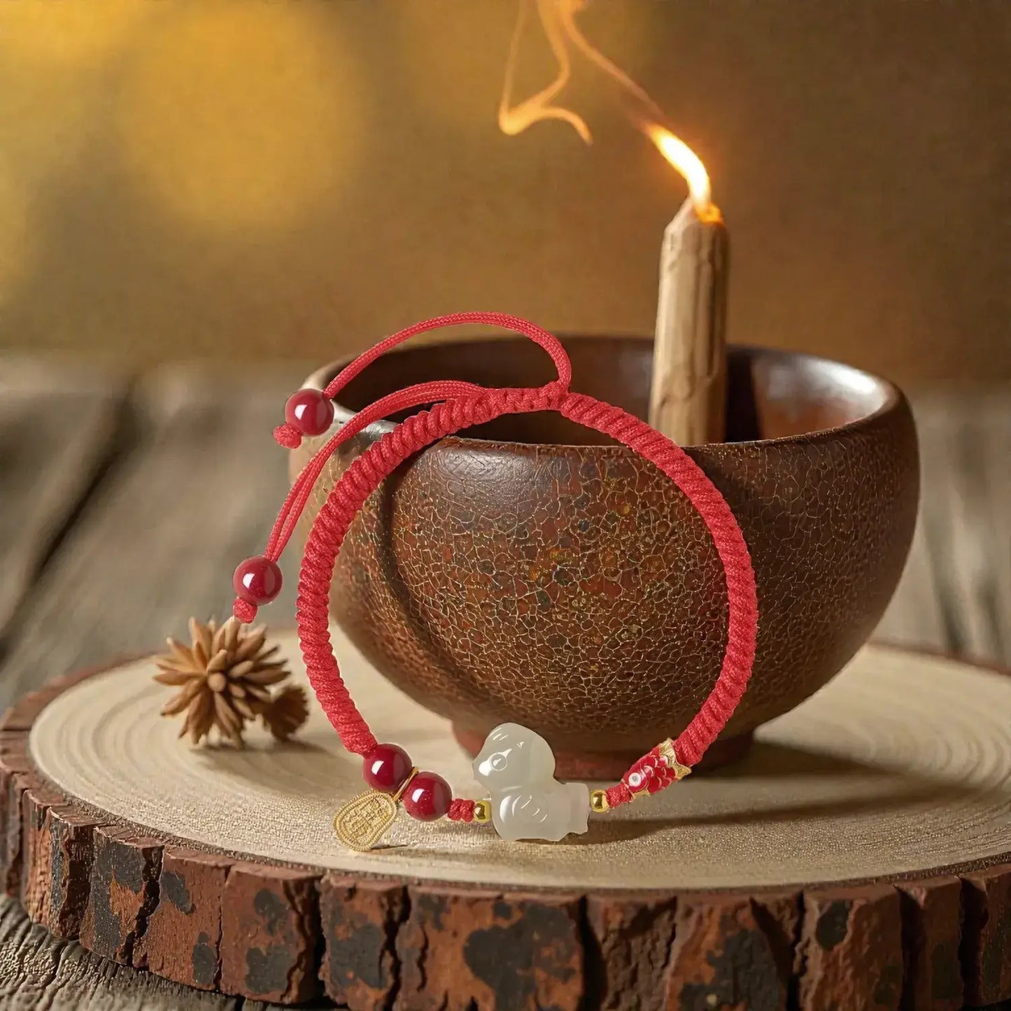 Red beaded bracelet with a charm on a wooden surface with a candle in the background