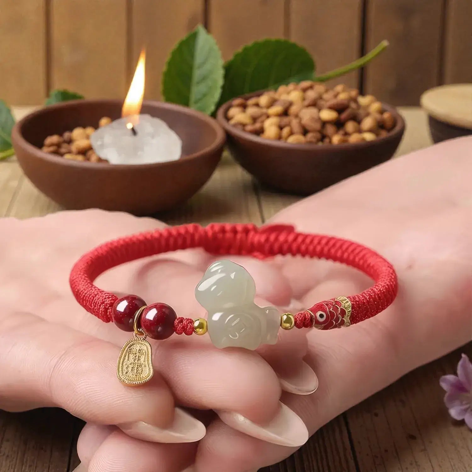 Red bracelet with a jade charm held by a hand, with bowls of seeds and a candle in the background.