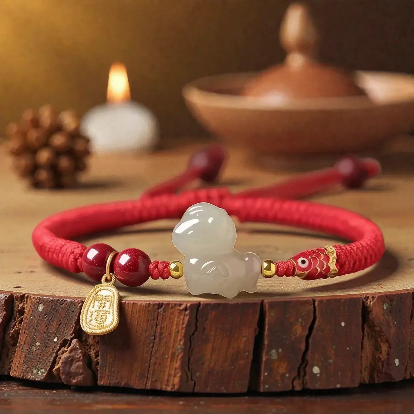 Red bracelet with a white pendant on a wooden surface with a warm background