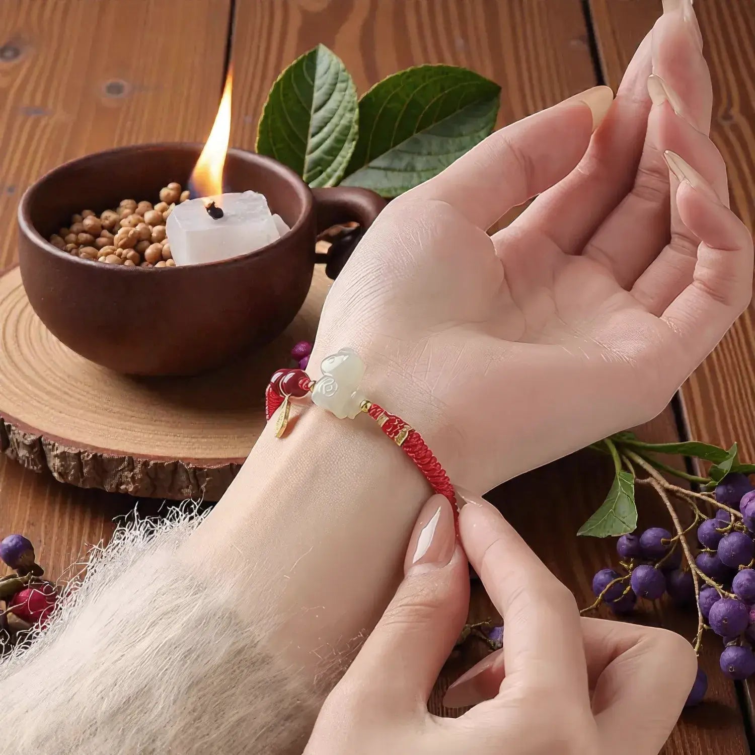 Person wearing a red string bracelet with a green stone on a wooden surface with leaves and a candle.