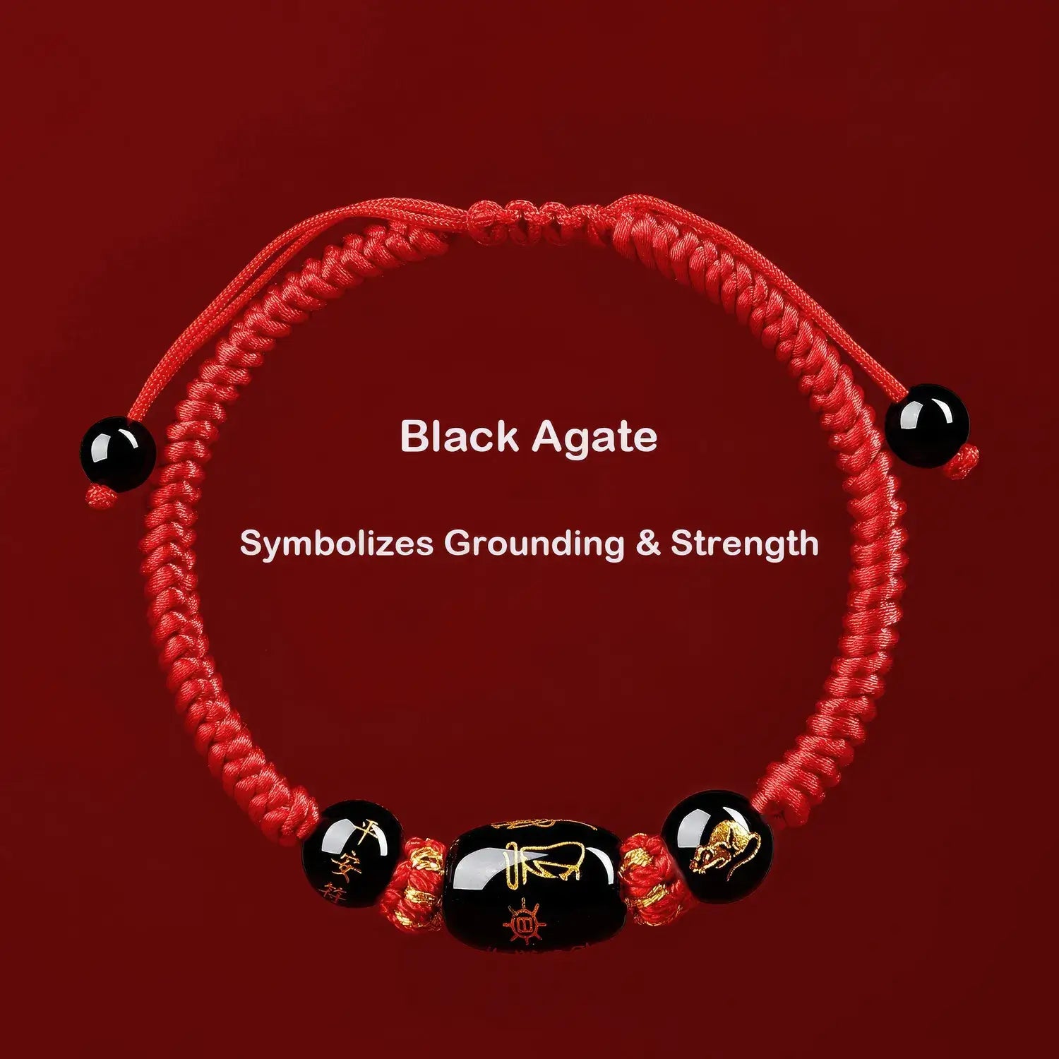 Red bracelet with black agate beads on a red background