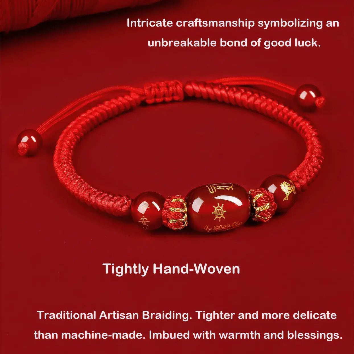 Red braided bracelet with beads on a red background, emphasizing craftsmanship and symbolism.