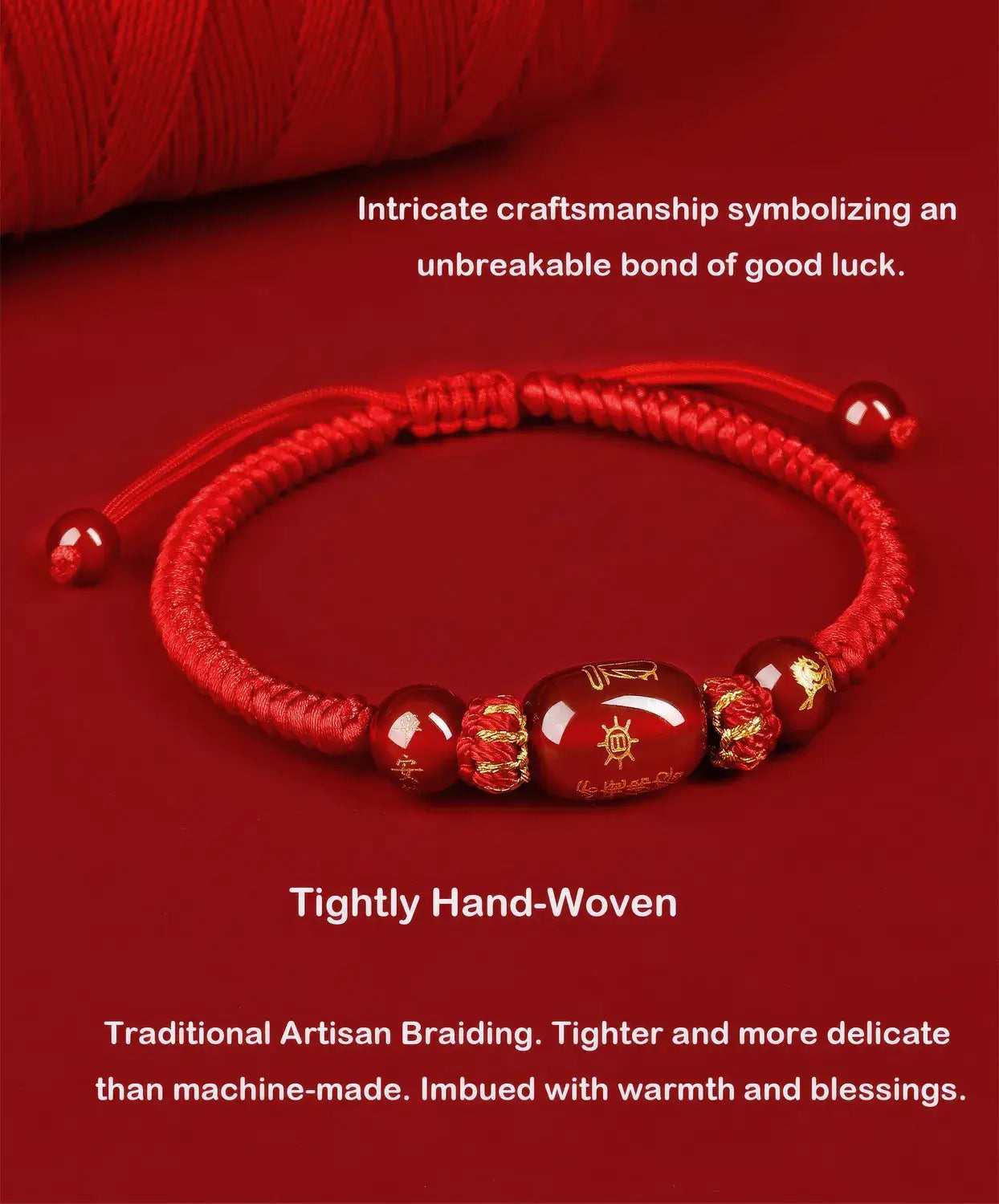 Red braided bracelet with beads on a red background, emphasizing craftsmanship and symbolism.